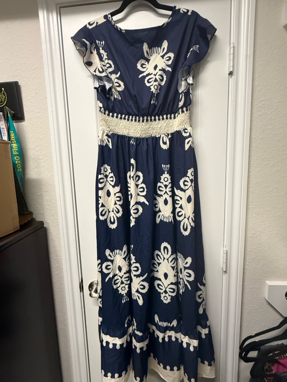 Navy & Cream Boho Midi Dress XL Lightweight Flowy Smocked Waist - Picture 2 of 4